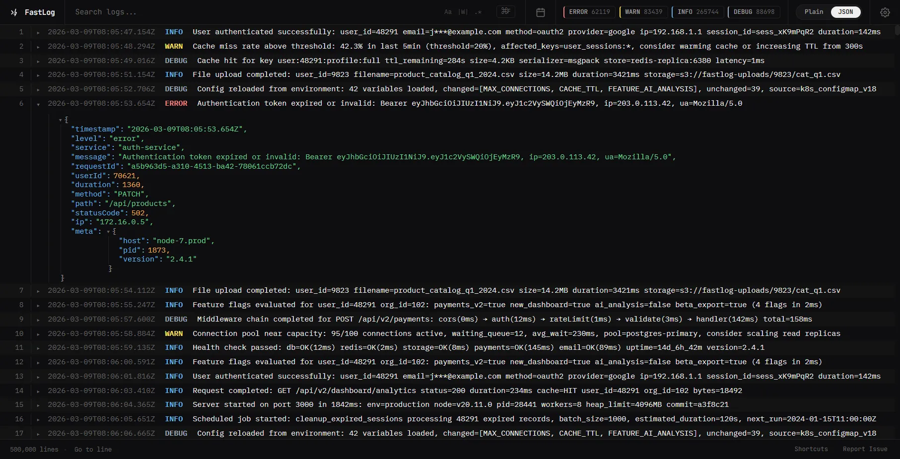 FastLog Viewer — local log file viewer with indexed search, JSON expansion, and log level filtering